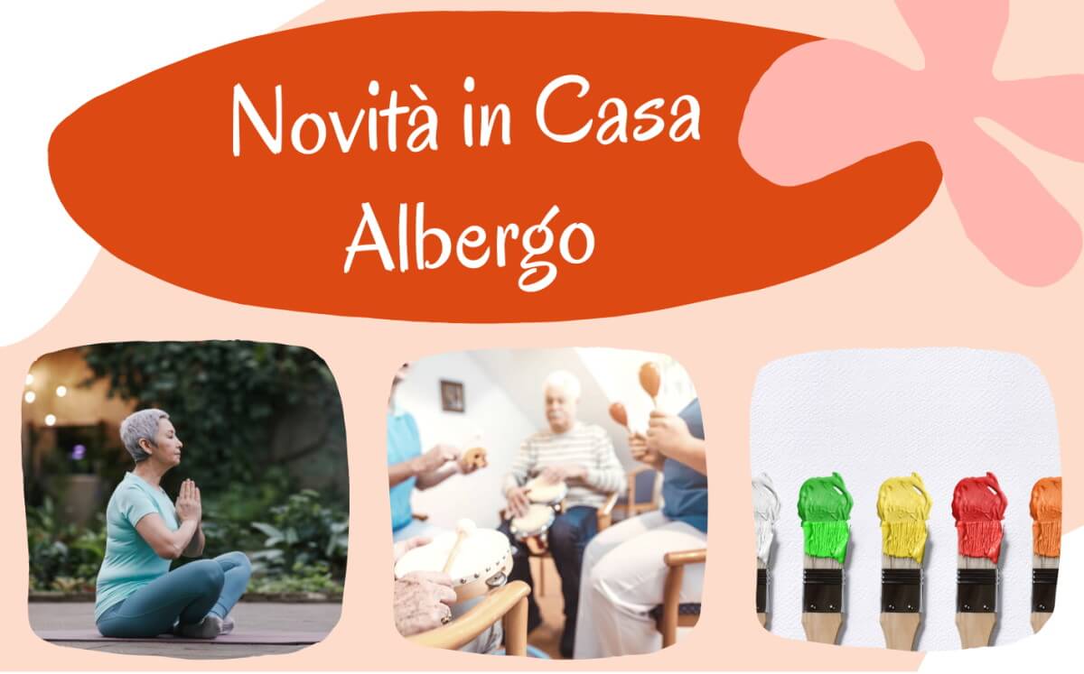 Novità in Casa Albergo - Immagine con pennelli e persone che ascoltano musica e fanno yoga